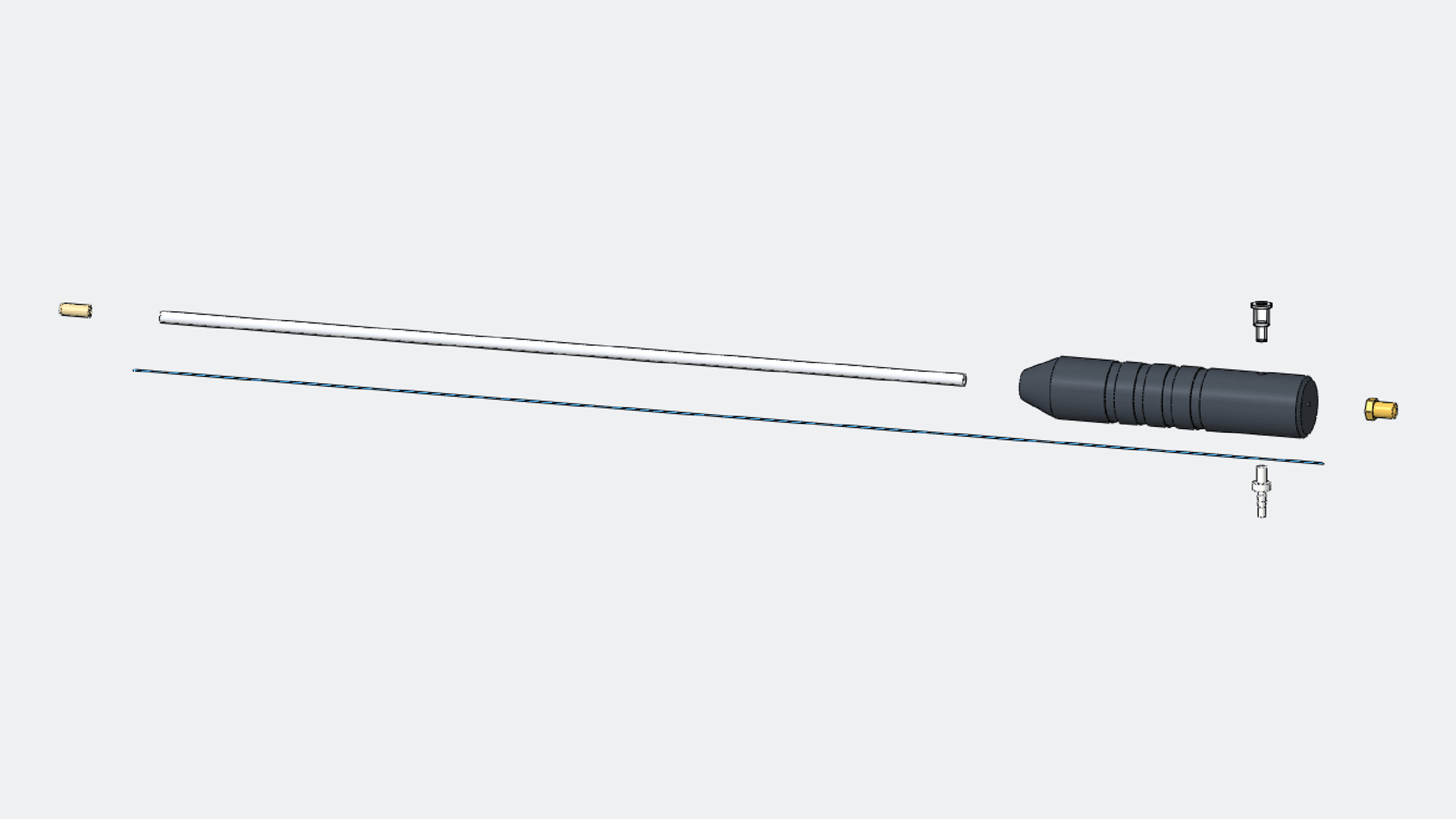 Exploded view of the instrument: distal tip, shaft, optical fiber, handle, gel port, suction port and SMA fiber port.