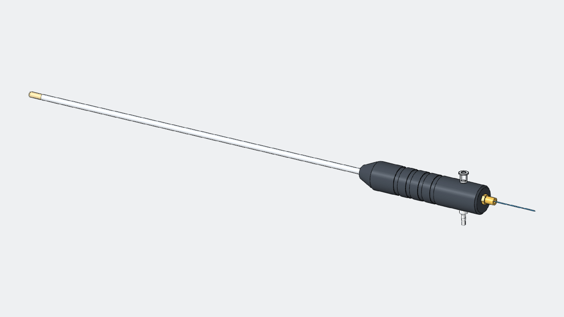 Isometric render of the three-lumen laparoscopic instrument: a 330 mm steel shaft with a tan distal tip, a dark grooved handle with a gel port on top and a suction barb below, and an SMA connector at the rear with the optical fiber leaving it.
