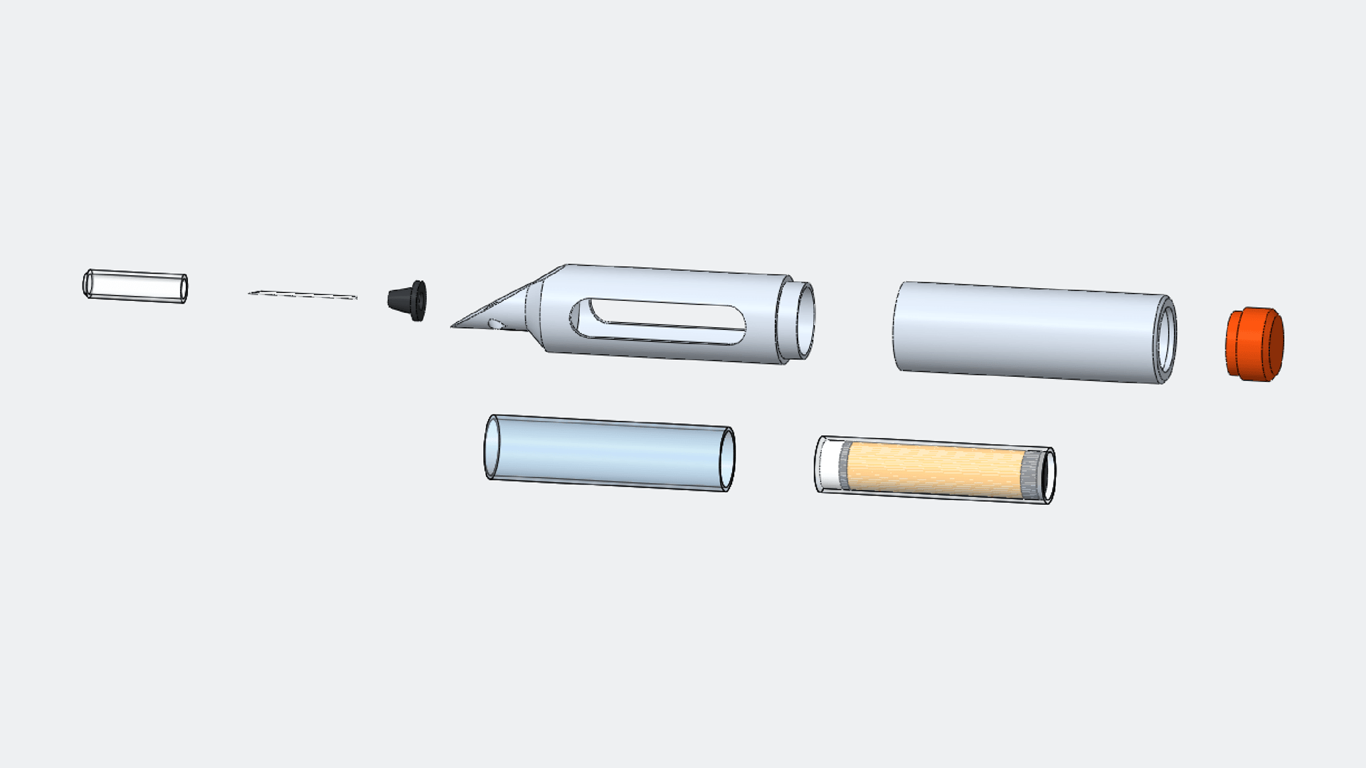 Exploded view of the revised auto-injector. Top row, along the axis: needle cap, needle, needle hub, lower housing, upper housing and end cap. Bottom row: cartridge shell and drug cartridge.