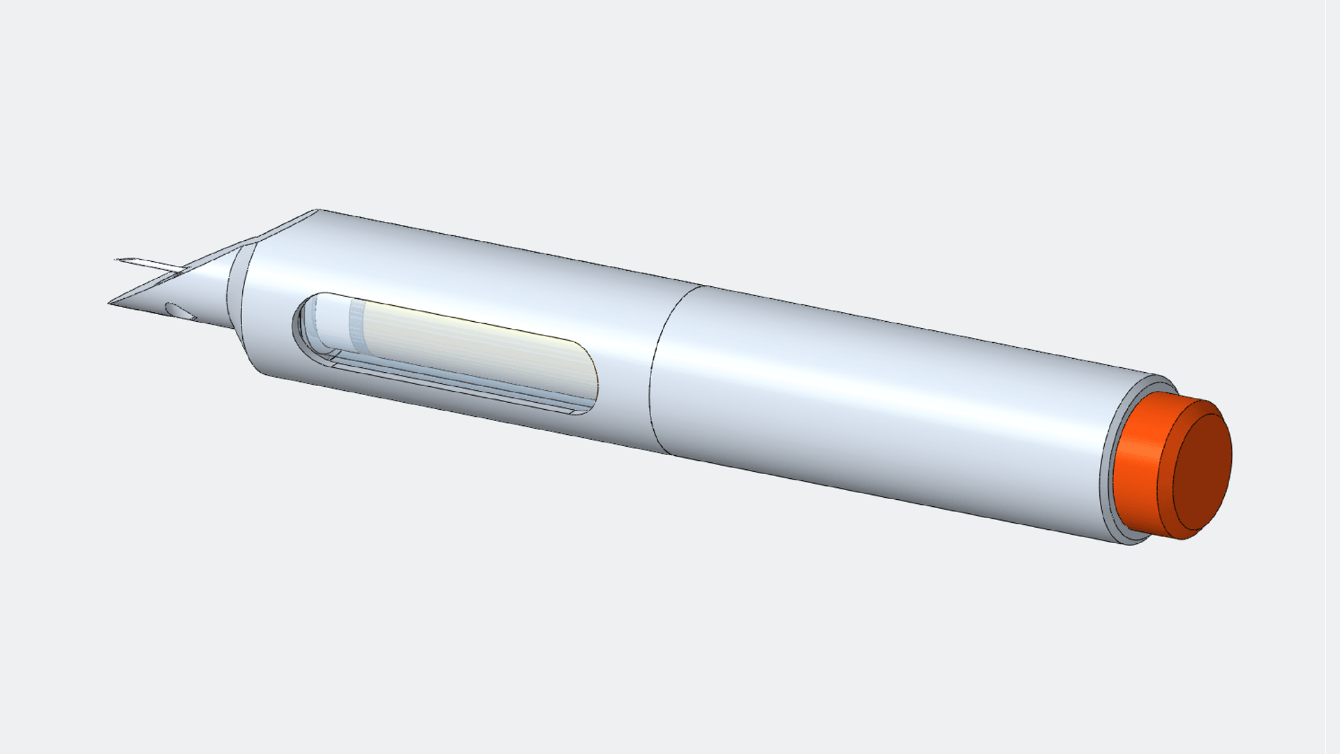 Isometric render of the rebuilt auto-injector, revised configuration: a light grey 150 mm body with a 30 degree nose and the needle out, an inspection window showing the cartridge, and an orange end button.