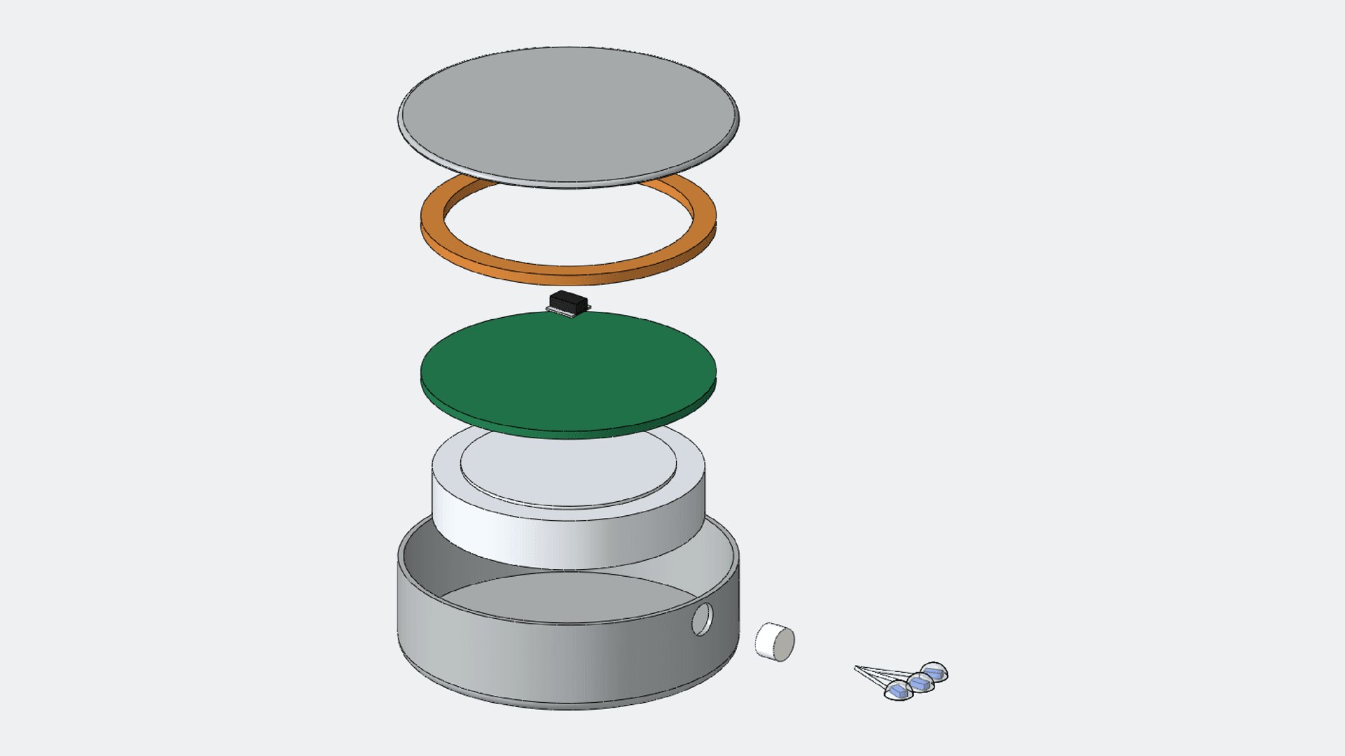 Exploded view of the revised implant, bottom to top: capsule base, rechargeable coin cell, circuit board, ATtiny10 controller, receive coil and lid, with the feedthrough and LED leads drawn out to the side.