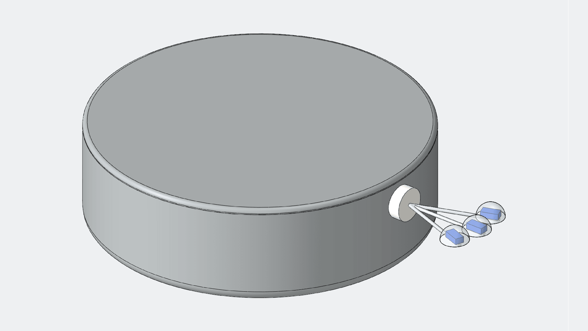 Isometric render of the revised titanium implant capsule, 30 by 9 mm, with a ceramic feedthrough in its side and three fanned LED leads, each ending in a blue 470 nm LED under a clear silicone dome.